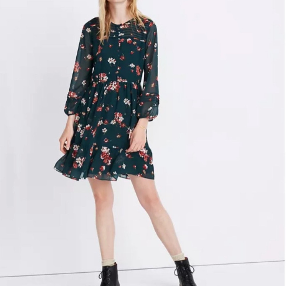 Madewell Sheer-Sleeve Pintuck Ruffle Dress Size: 0